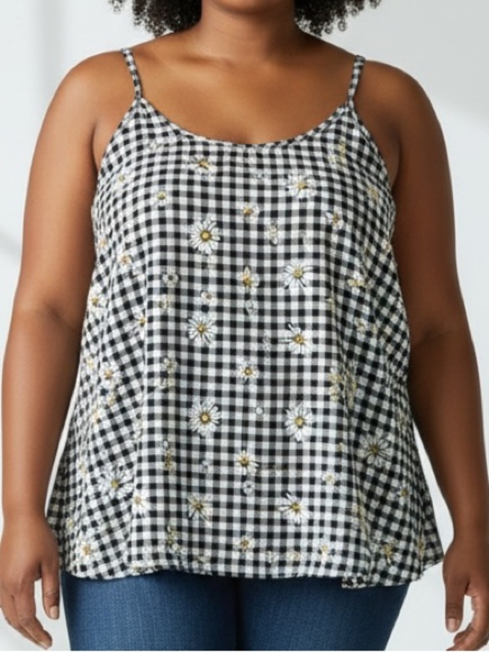 Torrid Size 2 2X 18-20 Black & White Gingham Daisy Spaghetti Strap Cami